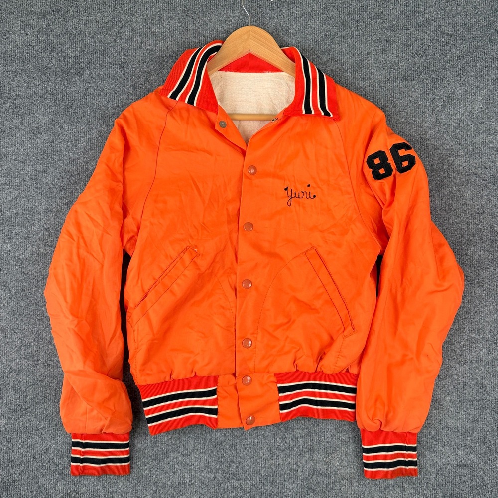 Vintage 80s Prep Varsity Jacket Mens S Orange Chain Stitched Tackle Twill Nylon